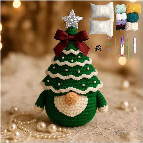 KZQ Groene kerstboom en dwergen DIY haakpakket - Een haakpakket geschikt voor beginners, inclusief handgemaakte kerstversieringen, maar geen kant-en-klare kerstboom.