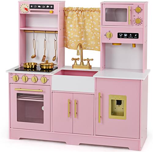 COSTWAY Kinderkeuken van hout, speelkeuken met licht en geluid, kinderkeuken met gootsteen, kraan, fornuis, waterdispenser, magnetron, speelgoedkeuken met accessoires voor kinderen vanaf 3 jaar (roze)