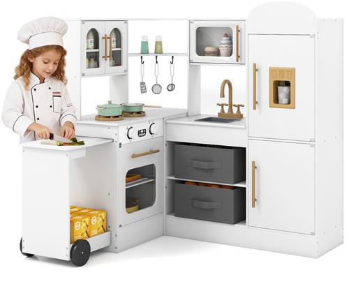 COSTWAY Hoekspeelkeuken Met Licht & Geluid  Kinderkeuken Met Uittrekbaar Werkblad, Gootsteen, Fornuis, Oven, Koelkast En Accessoires, Voor Kinderen Vanaf 3 Jaar