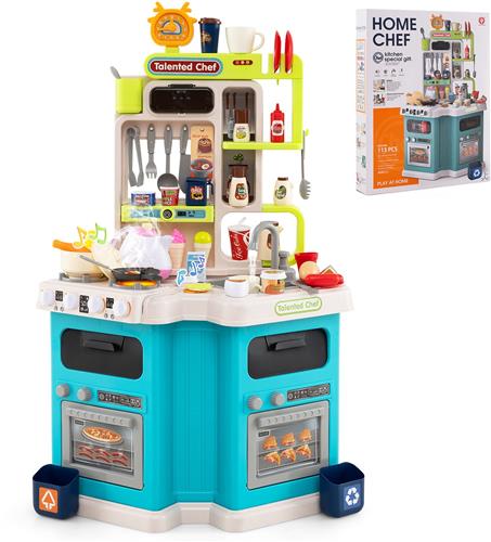COSTWAY Kinderkeuken met 113 accessoires, hoekspeelkeuken met licht, geluid en stoom, kinderkeuken met fornuis, gootsteen en waterpartij, poppenkeuken, speelgoedkeuken voor kinderen vanaf 3 jaar
