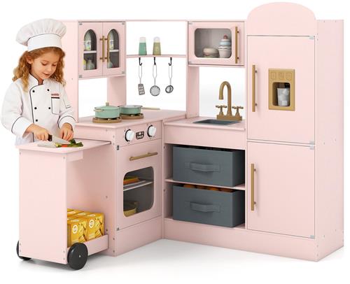 COSTWAY Kinderkeuken met licht en geluid, hoekspeelkeuken met uittrekbaar werkblad, gootsteen, fornuis, oven en koelkast, speelgoedkeuken inclusief accessoires en stoffen manden, voor kinderen vanaf 3
