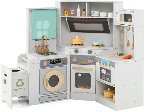 COSTWAY Houten Hoek Kinderkeuken met Licht en Geluid - Inclusief Afzuigkap, Magnetron, Fornuis, Oven, Gootsteen en Uittrekbare Vuilnisemmer, Educatief Speelkeukenset voor Kinderen vanaf 3 Jaar