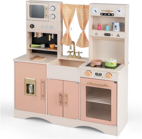 COSTWAY Kinderkeuken met Kookaccessoires, Houten Speelkeuken met Magnetron & Koffiezetapparaat & IJsmachine & Gootsteen & Oven, Speelgoedkeuken Houten Keuken voor Kinderen vanaf 3 Jaar (Roze)