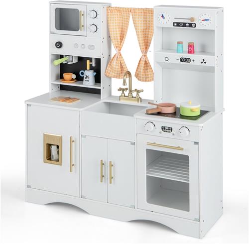 COSTWAY Kinderkeuken met kookaccessoires, houten speelkeuken met magnetron, koffiezetapparaat, ijsmachine, gootsteen en oven, speelgoedkeuken, houten keuken voor kinderen vanaf 3 jaar (wit)