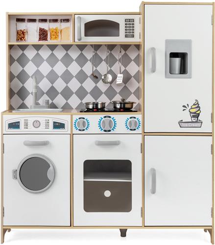 COSTWAY Houten Kinderkeuken met Licht & Geluid  Speelkeuken met Kookplaat, Wasmachine, Oven, Magnetron & Accessoires  Educatieve Speelset voor Kinderen vanaf 3 Jaar, Natuur