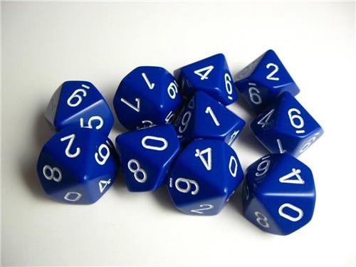 Chessex Opaque Blue/white D10 Dobbelsteen Set (10 stuks)