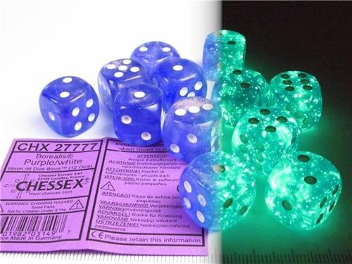 Chessex Borealis D6 16mm Purple/white Luminary Dobbelsteen Set (12 stuks)