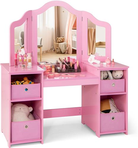 COSTWAY 2-in-1 kindermake-uptafel met afneembare spiegel, kaptafel prinses met opbergdozen en open vakken, houten kaptafel voor meisjes, met doos, roze