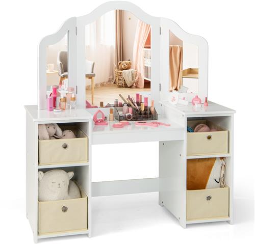 COSTWAY 2-in-1 kindermake-uptafel met afneembare spiegel, kaptafel prinses met opbergdozen en open vakken, houten kaptafel voor meisjes, met doos, wit