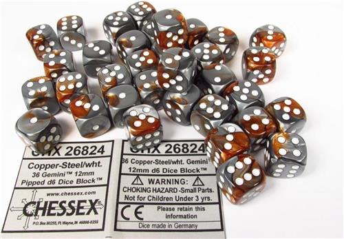 Chessex Gemini Copper-Steel/white D6 12mm Dobbelsteen Set (36 stuks)