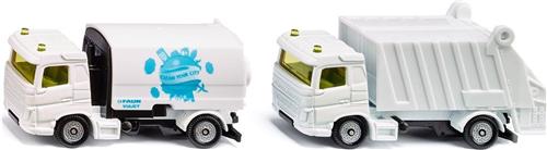 Siku set veegmachine en afvalwagen van de gemeente voor omheining milieutechniek speelgoedauto's metaal/kunststof wit/blauw kantelbare opbouw en opvangbak