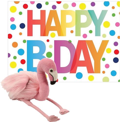 Wild Republic - Knuffel flamingo 20 cm met Happy Birthday wenskaart