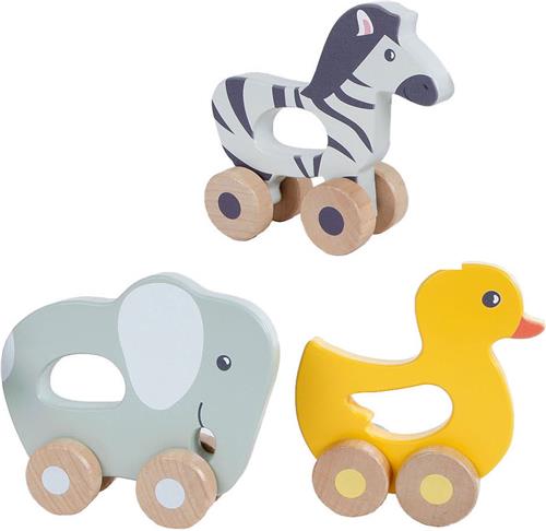 Big Tree houten dieren met wielen 13 cm Olifant, Zebra OF (!) Eendje. U ontvangt een willekeurige uitvoering
