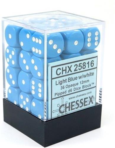 Chessex Opaque Light Blue/white D6 12mm Dobbelsteen Set (36 stuks)