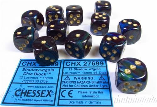 Chessex Lustrous Shadow/gold D6 16mm Dobbelsteen Set (12 stuks)