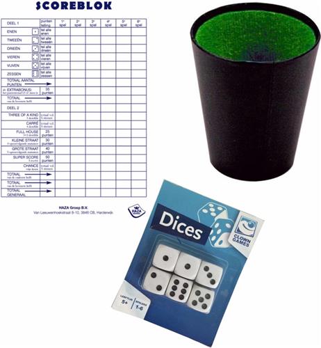 6x Dobbelstenen yatzee spel met beker en scoreblok van 250 paginas