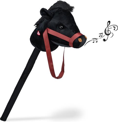 Relaxdays stokpaard met geluid - pluche en kunststof - 68 cm - hoofdstel - zwart