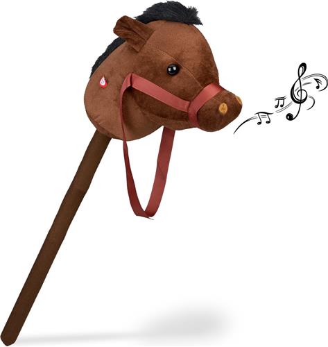 Relaxdays stokpaard met geluid - pluche en kunststof - 68 cm - hoofdstel - donkerbruin