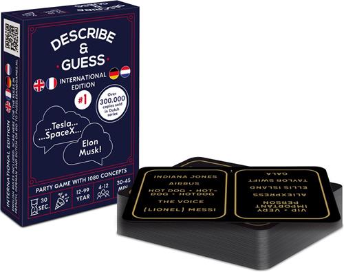 Describe & Guess - International #1  2023 edition!  - 30 Seconds time limit per 5 concepts / 1080 concepts in total (Nederlands + English + Français + Deutsch) - pocket size party game / card game - 4-12 players - Omschrijven & Raden