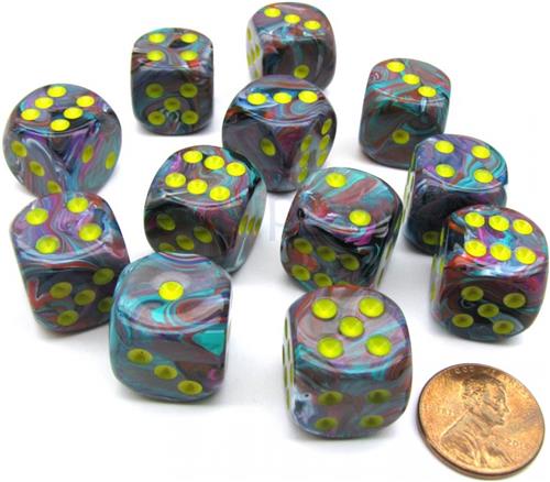 Chessex Festive Mosaic/yellow D6 16mm Dobbelsteen Set (12 stuks)