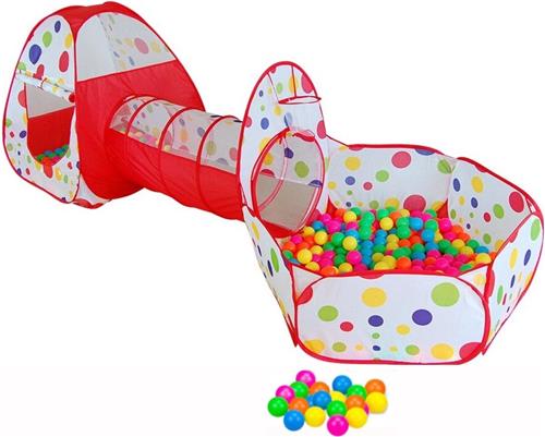 Rode 3-in-1 Pop-Up Speeltent Met Tunnel Voor Kinderen met 15 Ballen - Kruiptunnel - Speelgoed Speelhuis Tent Kindertent