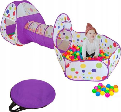 Paarse 3-in-1 Pop-Up Speeltent Met Tunnel Voor Kinderen met 15 Ballen - Kruiptunnel - Speelgoed Speelhuis Tent Kindertent