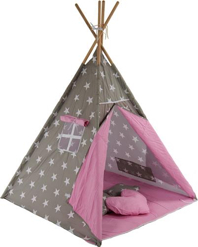 Speeltent - Tipi Tent - Met Grondkleed & Kussens - Speelhuisje - Tent voor kinderen - Grijs-Roze