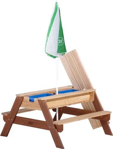 AXI Nick Zand & Water Picknicktafel in Bruin - Met in hoogte verstelbare Parasol in Groen/Wit - Multifunctionele Picknick tafel van FSC hout - Picknick tafel voor kinderen van hout