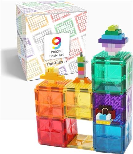 MNTL Magnetische Tegels BRICK - Magnetic Tiles 9 stuks - Magnetisch Speelgoed - Combineer met LEGO / DUPLO - Sinterklaas Cadeau - Montessori - Open Einde Speelgoed