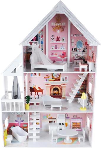 Bandits & Angels houten poppenhuis Prinses - 3 jaar - 126 cm hoog - inclusief 15 meubeltjes - roze - geschikt voor Barbie
