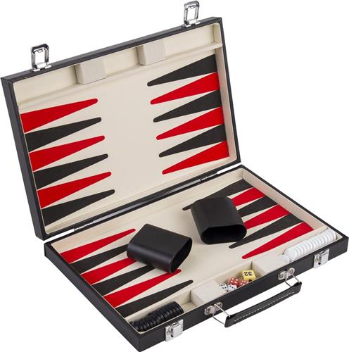 Backgammon 15, met geprint veld, kleur zwart in pu leder. Afm. 36 x 36 x 5 cm