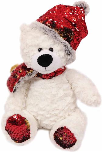 PIA Soft Toys - Pluche Knuffeldier- Kerstknuffel - IJsbeer met muts en sjaal met pailletjes rood - 30 cm