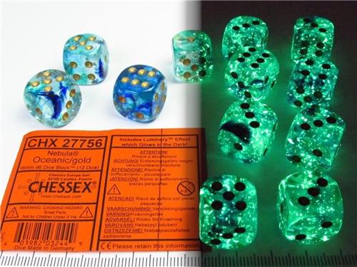 Chessex Nebula Oceanic/gold Luminary D6 16mm Dobbelsteen Set (12 stuks)