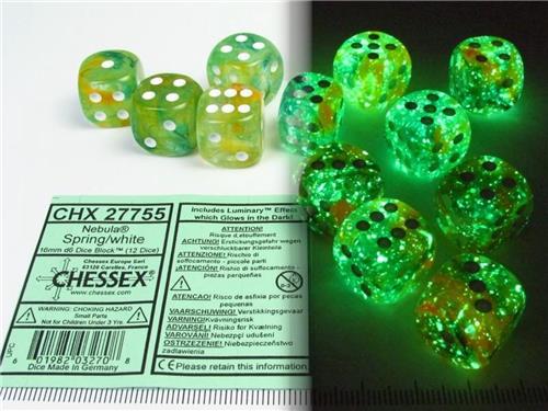 Chessex Nebula Spring/white Luminary D6 16mm Dobbelsteen Set (12 stuks)