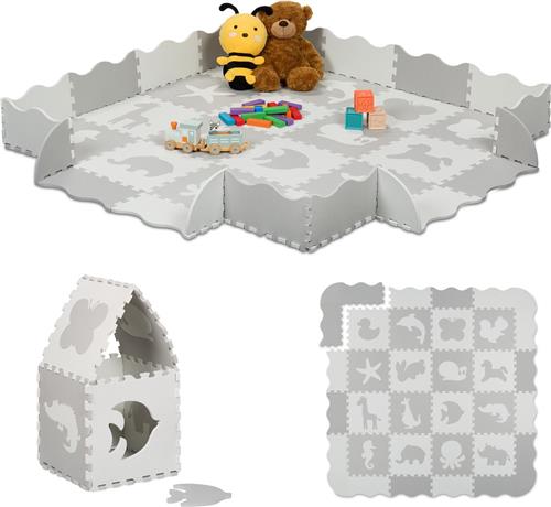 Relaxdays puzzelmat baby - met rand - kinderen - foam - afwasbaar - wit-grijs
