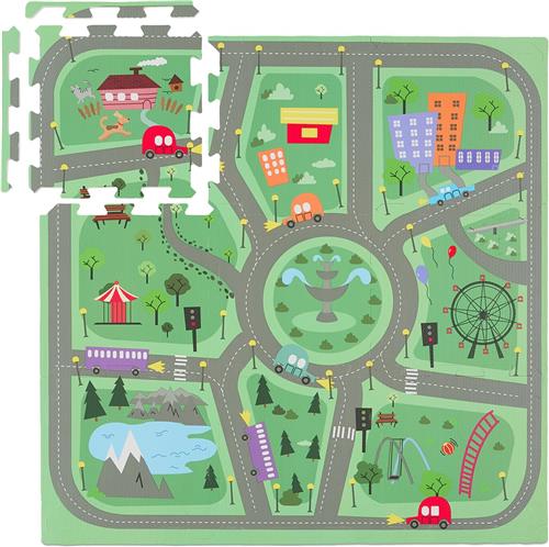 Relaxdays puzzelmat baby - auto - 9 speeltegels - rand - foam - afwasbaar - kruipmat
