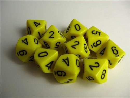 Chessex Opaque Yellow/black D10 Dobbelsteen Set (10 stuks)