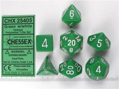 Chessex dobbelstenen set, 7 polydice, Opaque Green w/white