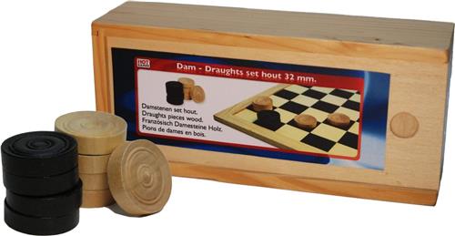 Damschijven 32 mm.in blank/zwart in houten kist