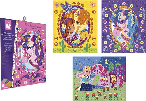 Janod Les Ateliers Du Calme - Mozaïek Foamstickers Paarden En Eenhoorns - Set Bestaat Uit 3 Afbeeldingen Met 600 Mozaïekstukjes - Geschikt Vanaf 5 Jaar
