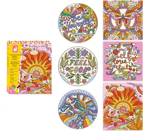 Janod Les Ateliers Du Calme - Dreamland Glinsterende Contouren En Patronen - 6 Schilderijen Om Te Versieren Met Lijnen En Patronen - Geschikt Vanaf 8 Jaar