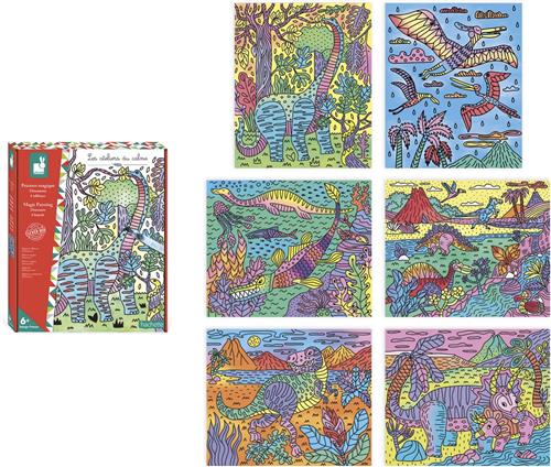 Janod Les Ateliers Du Calme - Magisch Schilderij Dinosaurus - Kleuren Met Water - Bevat 6 Verschillende Kunstwerken Om In Te Kleuren - Geschikt Vanaf 6 Jaar