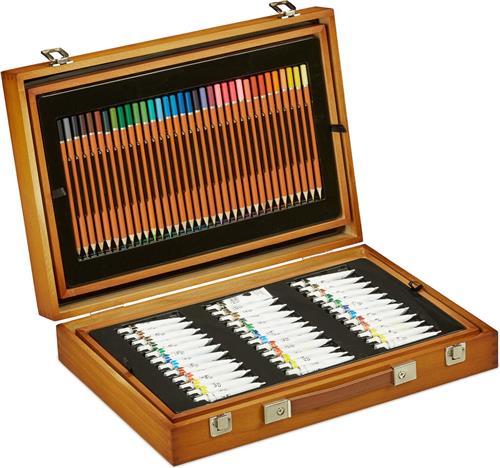 Relaxdays tekendoos met inhoud - volwassenen - kleurpotloden - viltstiften en potloden - waterverf - xxl tekenset