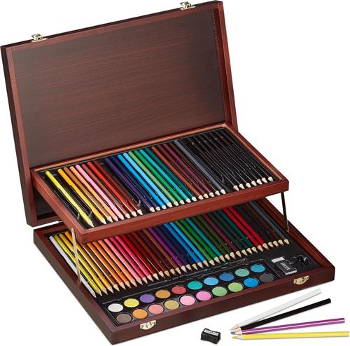 Relaxdays tekenkoffer - 73-delige tekenset - kleur- en potloden - waterverf - penseel - puntenslijper en gum - hout