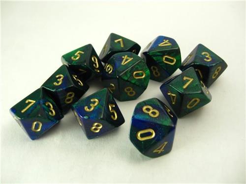 Chessex Gemini Blue-Green/gold D10 Dobbelsteen Set (10 stuks)