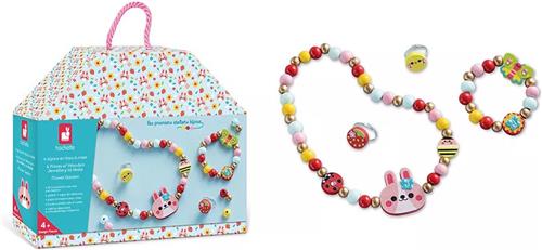 Janod Les Premiers Ateliers Bijoux - Flower Garden - 4 Houten Sieraden Om Te Maken - De Eerste Workshop Sieraden Maken Voor Kinderen Vanaf 4 jaar - Het Doosje Verandert In Een Tasje Om Je Sieraden In Op Te Bergen! - Geschikt Vanaf 4 Jaar
