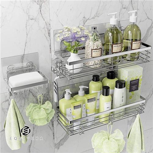 Equivera Zelfklevende douche Caddy zeepbakje houder plank met 5 haken badkamer organizer mand - wandmontage roestvrij staal - 3 stuks zilver opbergrek inklapbaar