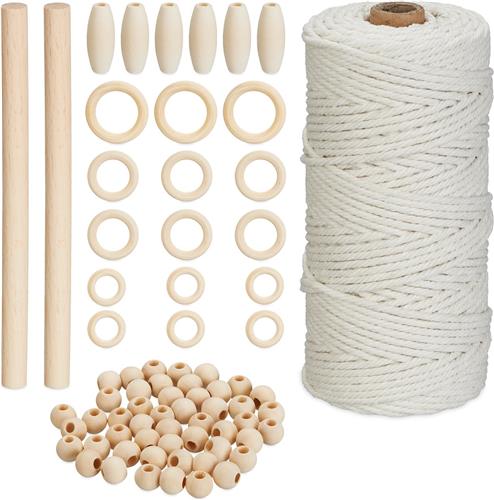 Relaxdays macramé set - 3 mm garen - 73-delig - houten kralen - ringen en 2 stokken - 109 m touw
