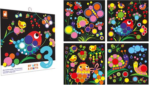 Janod My Arts & Crafts - Stickerset Met Ronde Stickers - 4 Contrasterende Schilderijen Om Te Versieren Met Stickers - Knutselset Voor Het Stimuleren Van De Fijne Motoriek - Geschikt Vanaf 3 Jaar
