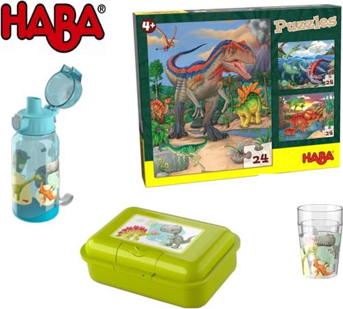 Haba Cadeauset dino - 4 delig puzzel/glitterbeker/broodtrommel/drinkfles